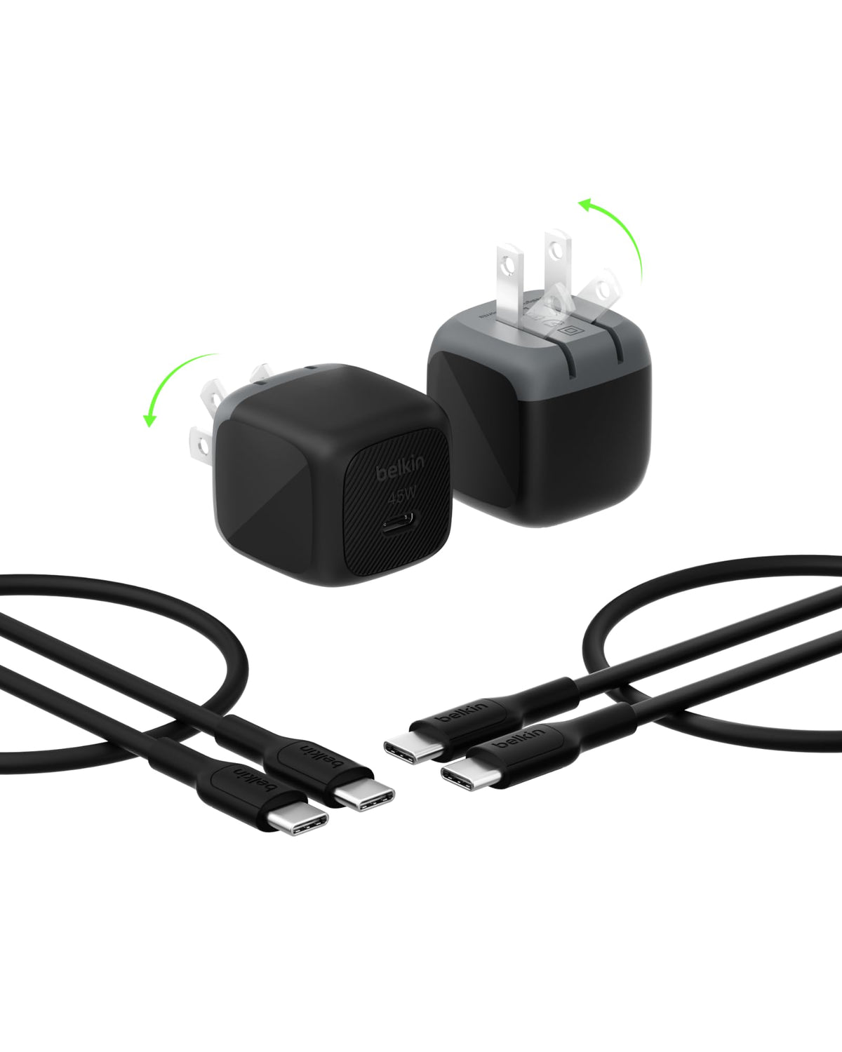 Belkin 45W USB-C charger block with foldable design for travel charging.