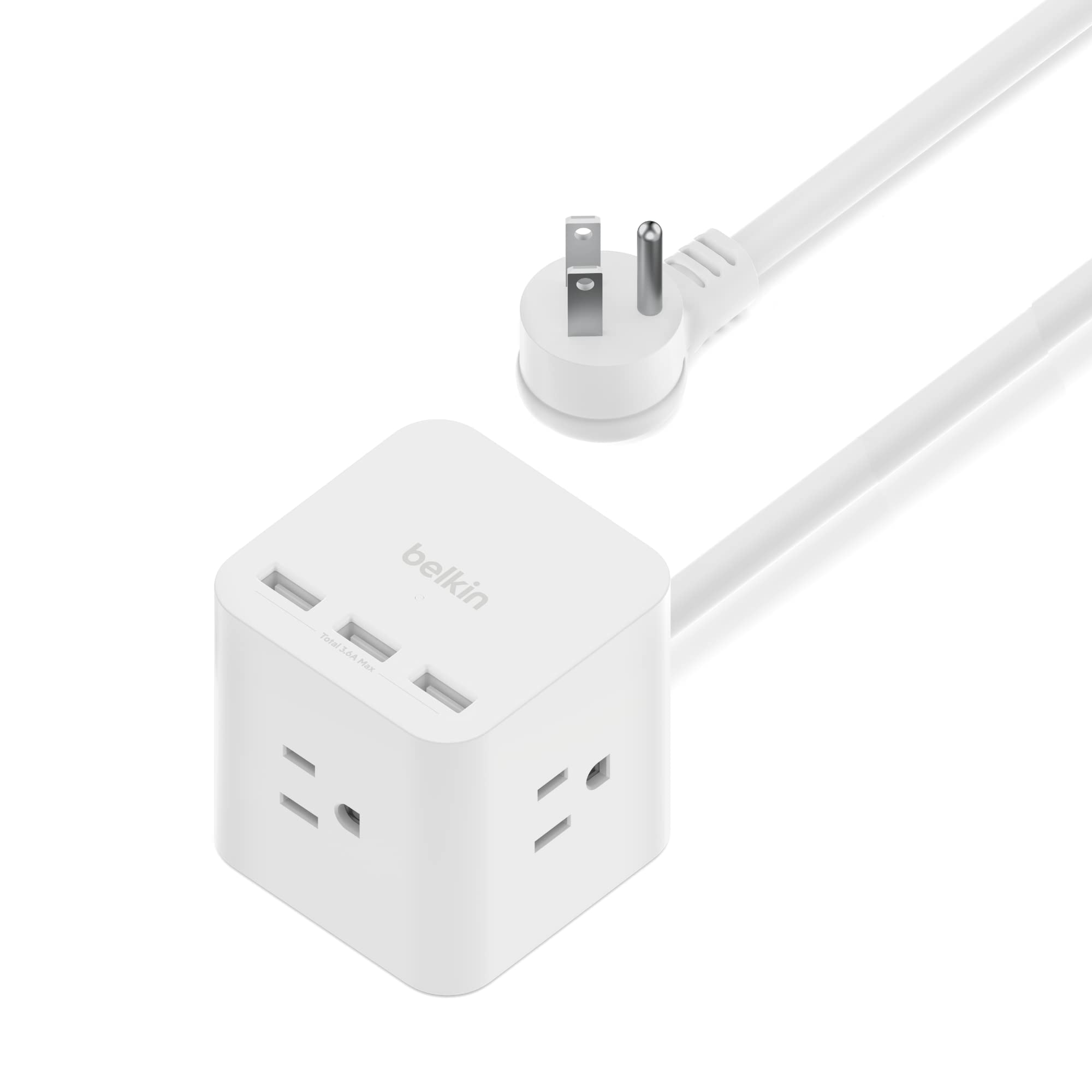 Belkin 6-Outlet Power Cube front view showing compact desk-friendly design.