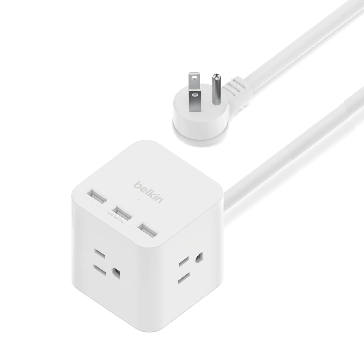 Belkin 6-Outlet Power Cube front view showing compact desk-friendly design.