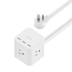 Belkin 6-Outlet Power Cube front view showing compact desk-friendly design.