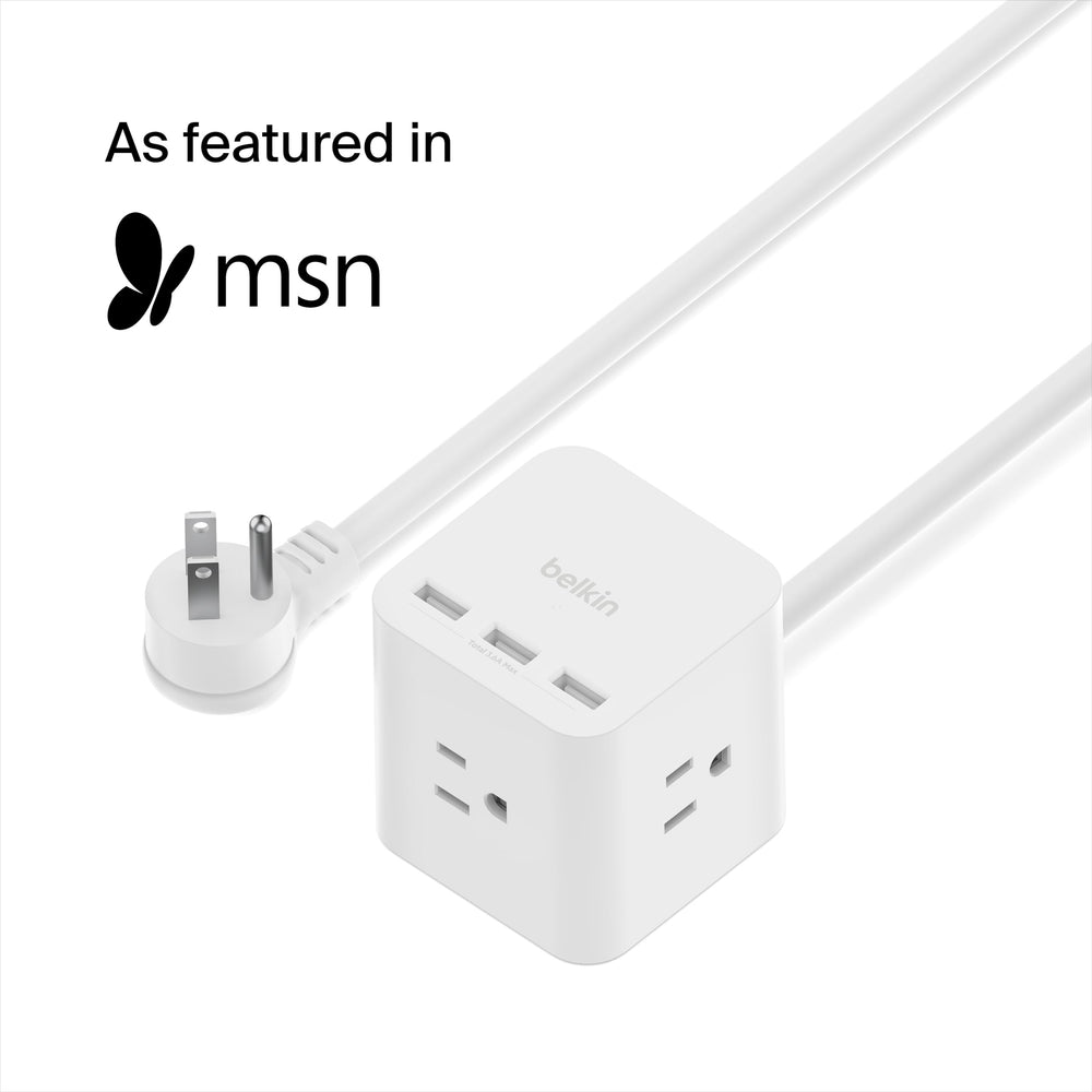 Belkin Power Cube side view demonstrating accessible outlets and tidy cable management.