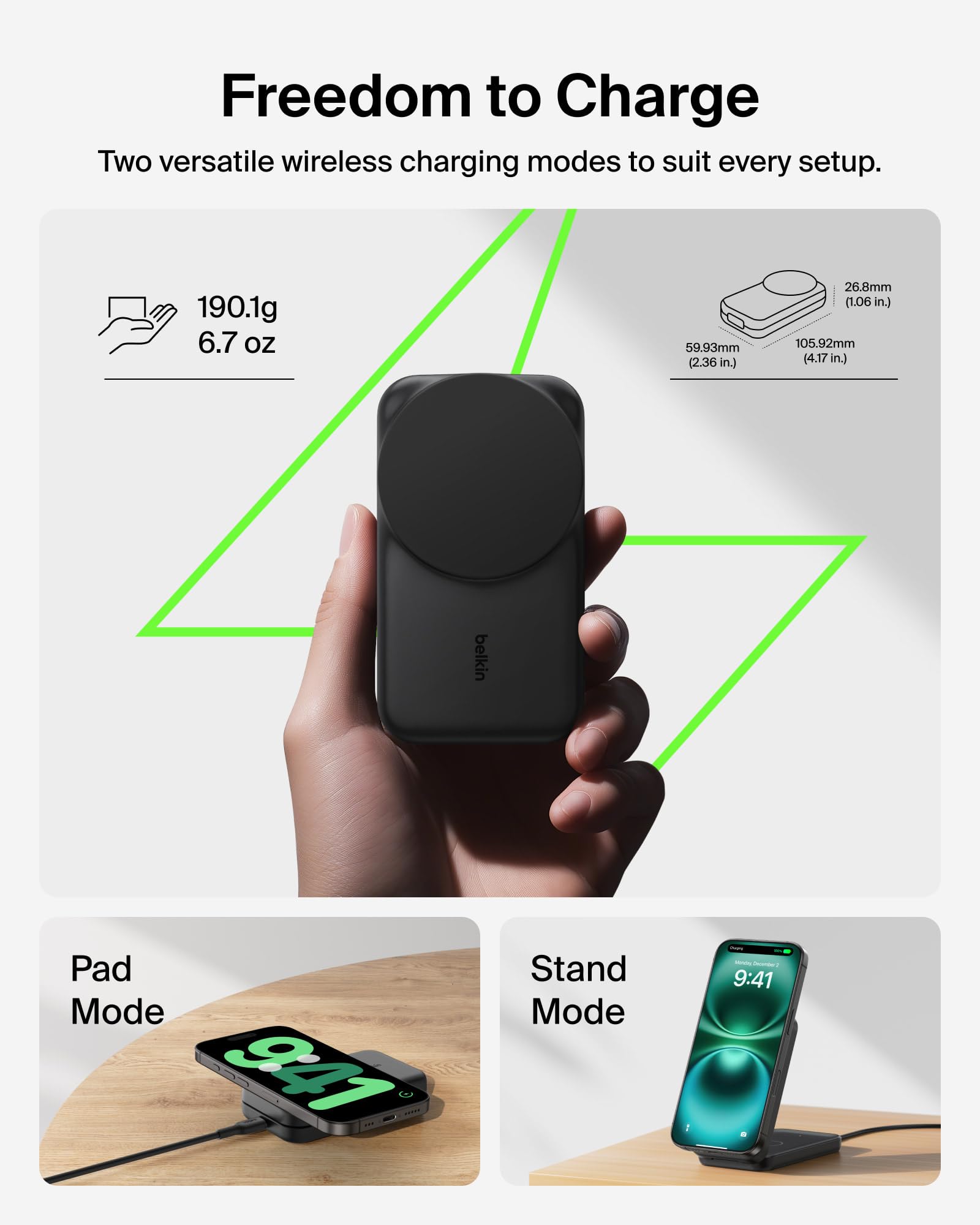 AirPods wireless pad charging while iPhone rests on Belkin stand