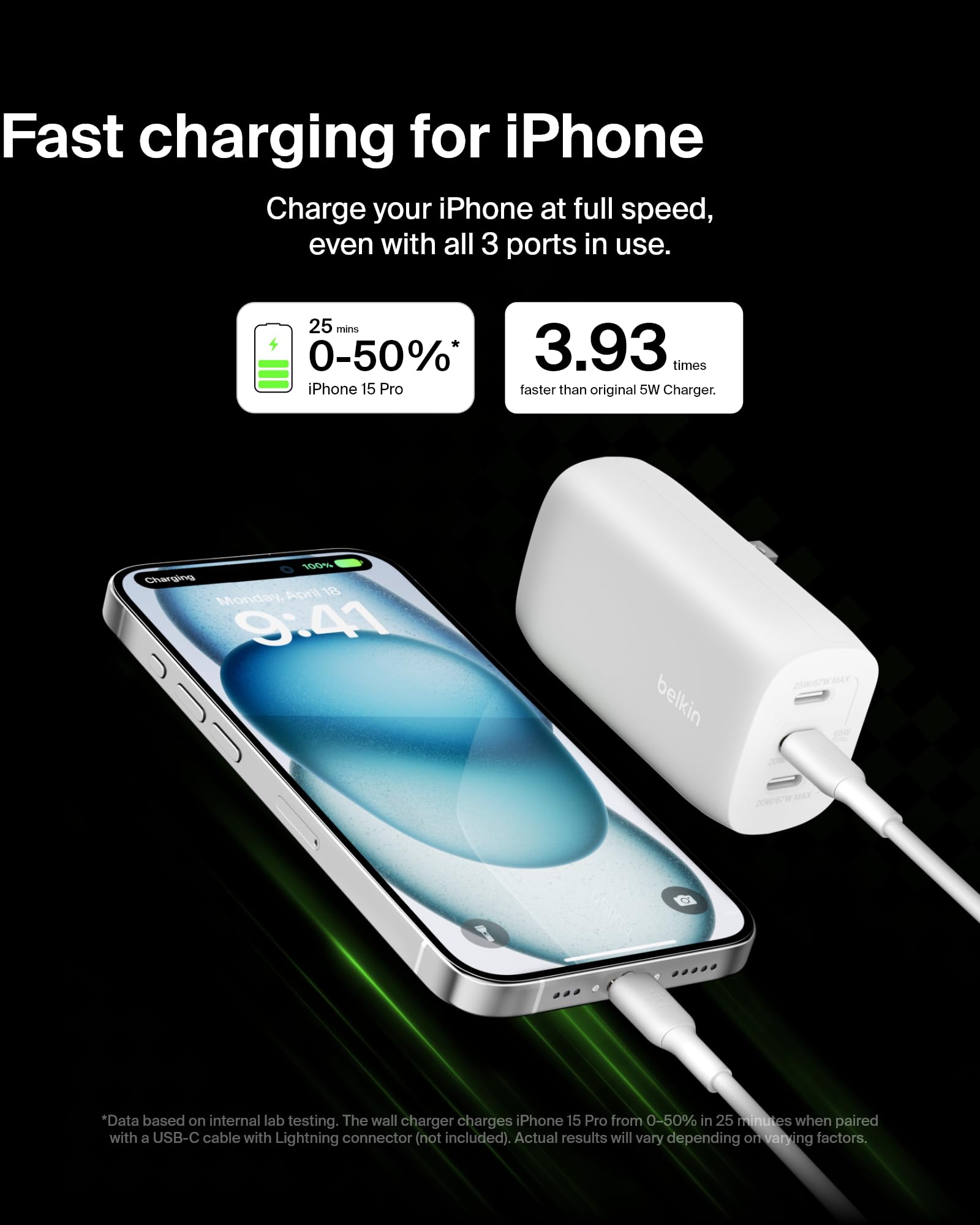 Lit ports on Belkin BoostCharge Pro 3-Port Charger for fast multi-device charging.