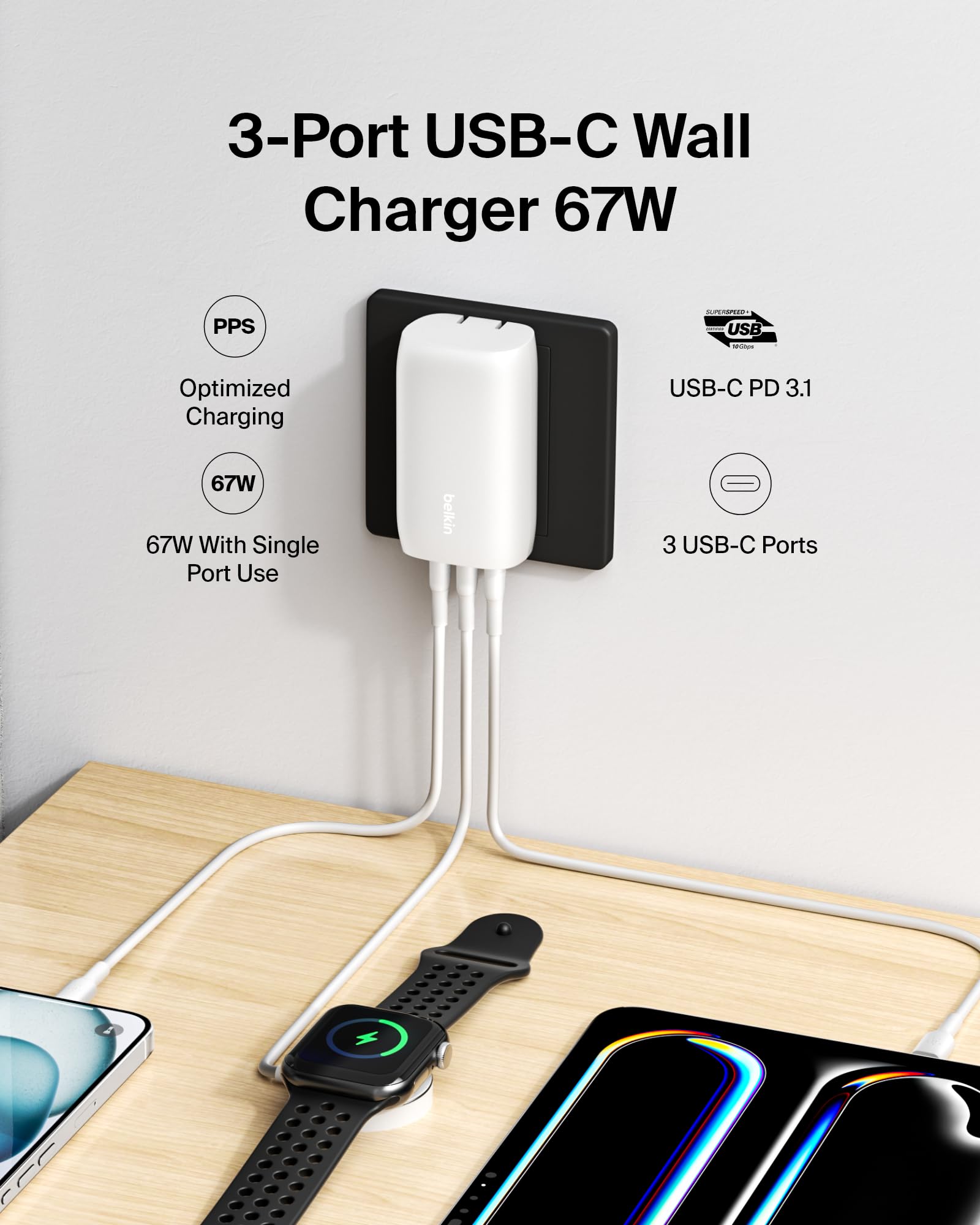 Side view of Belkin BoostCharge Pro 3-Port Charger, clean desk setup.