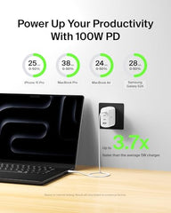 Belkin BoostCharge Pro GaN charger folded-pin travel view emphasizes compact portable design.