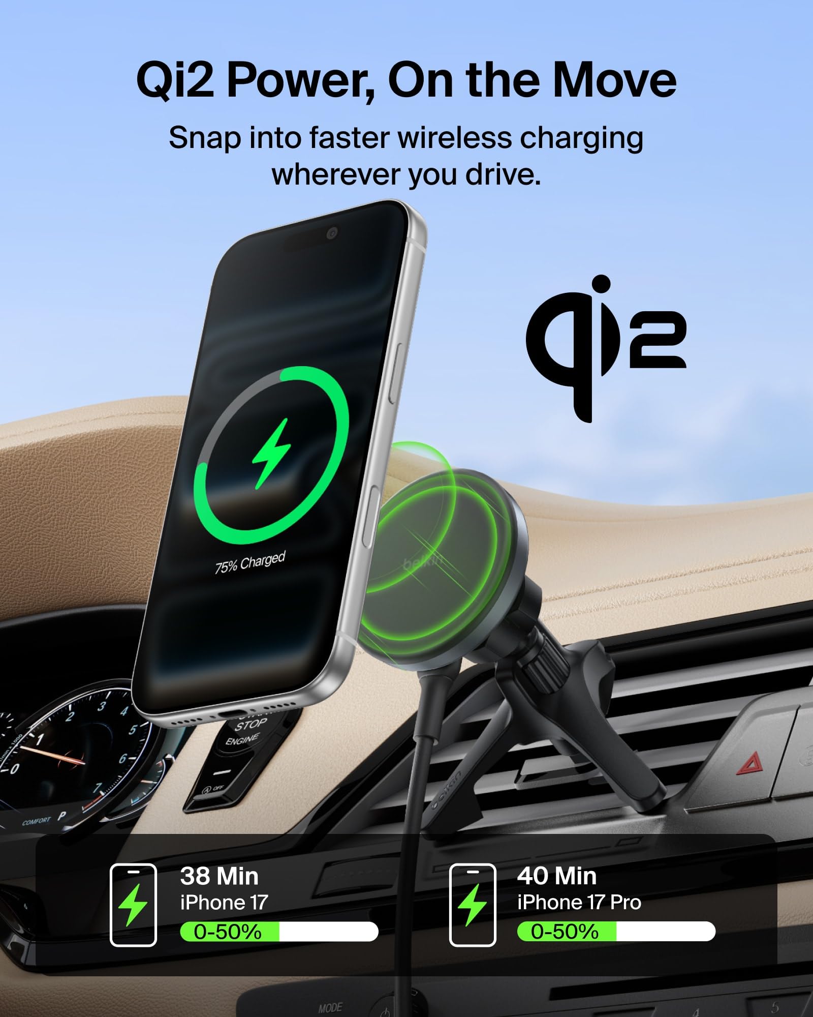 Belkin BoostCharge qi2 wireless charging on the road enables hands-free power.
