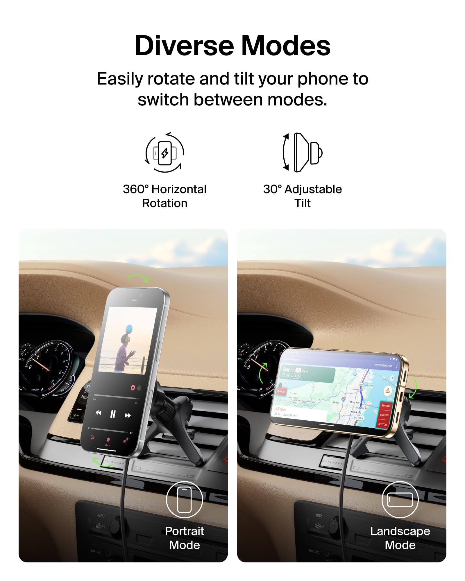 Belkin BoostCharge vent mount fits most cars for versatile setup.