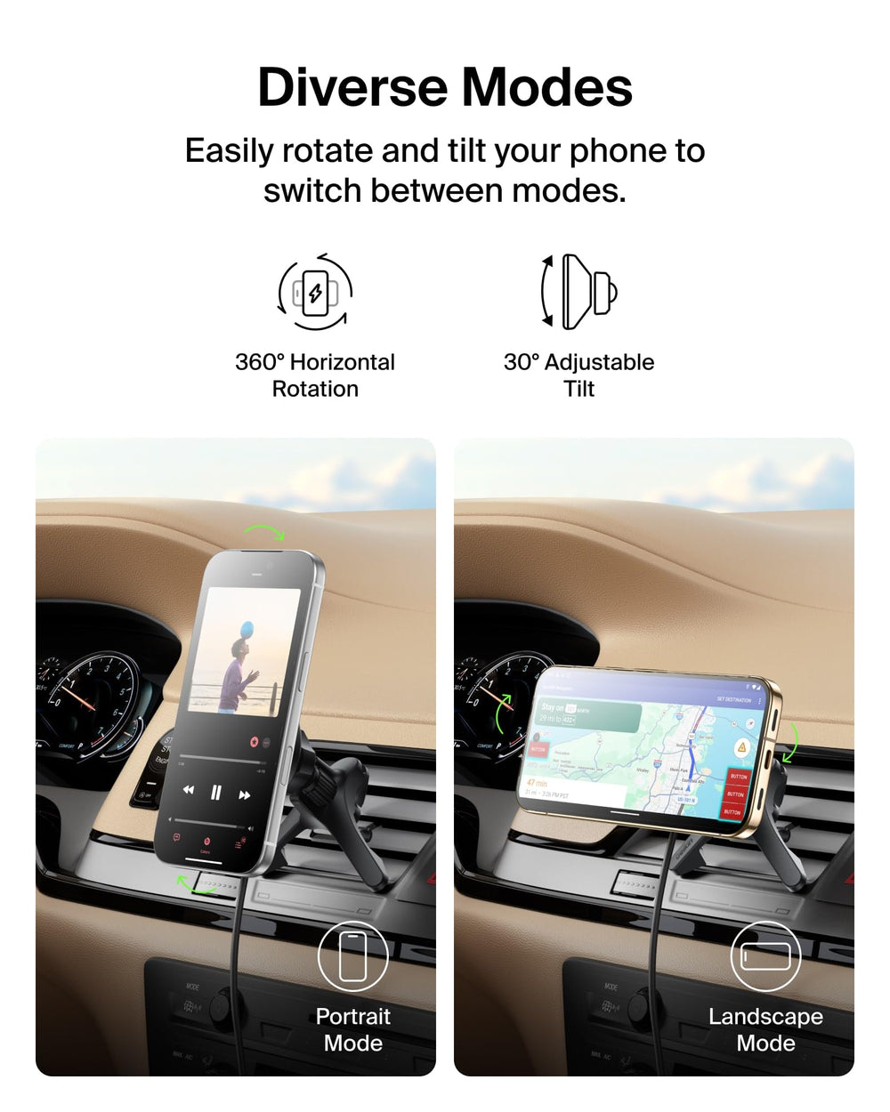 Belkin BoostCharge vent mount fits most cars for versatile setup.