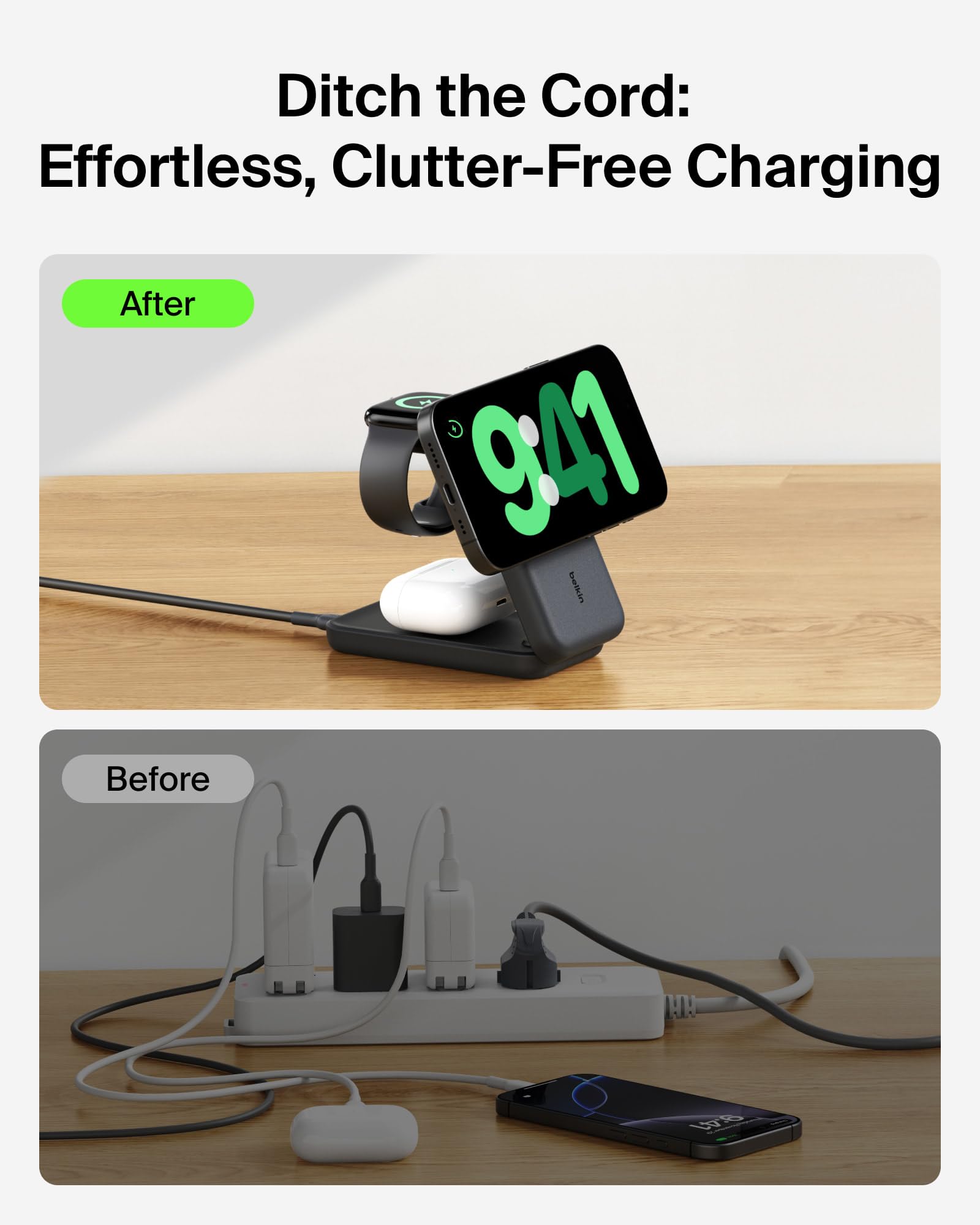iPhone mounted on Belkin stand at 65-degree viewing angle