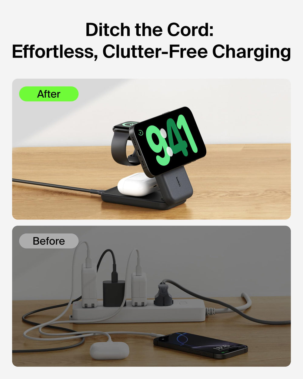 iPhone mounted on Belkin stand at 65-degree viewing angle