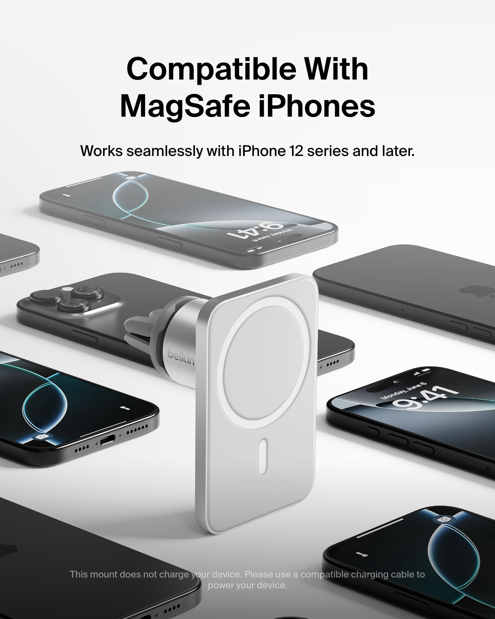 Belkin MagSafe Vent Mount Pro, ball joint rotation, easy portrait or landscape use.