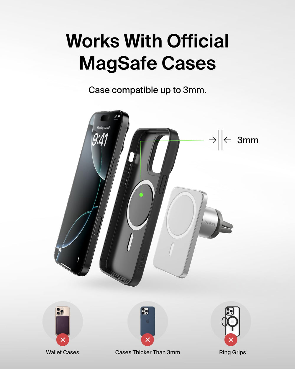 Belkin MagSafe Vent Mount Pro, durable clip and secure mount.