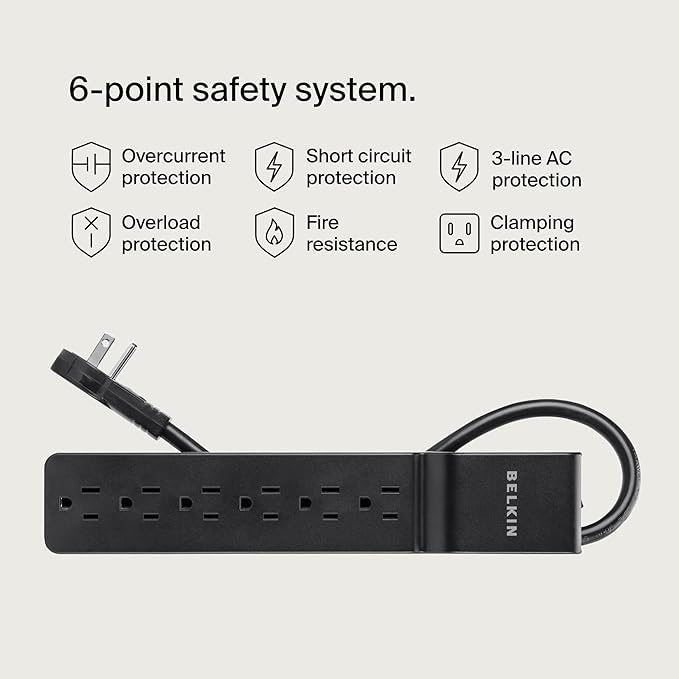 Belkin surge protector 600 Joules guarding office equipment from power spikes.