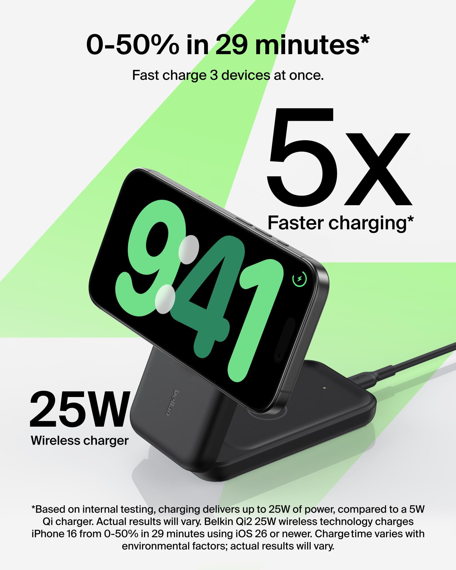 Belkin Qi2 25W magnetic wireless charger powering iPhone quickly