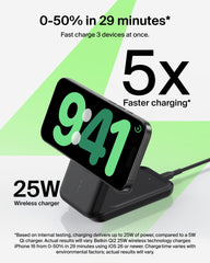 Belkin Qi2 25W magnetic wireless charger powering iPhone quickly