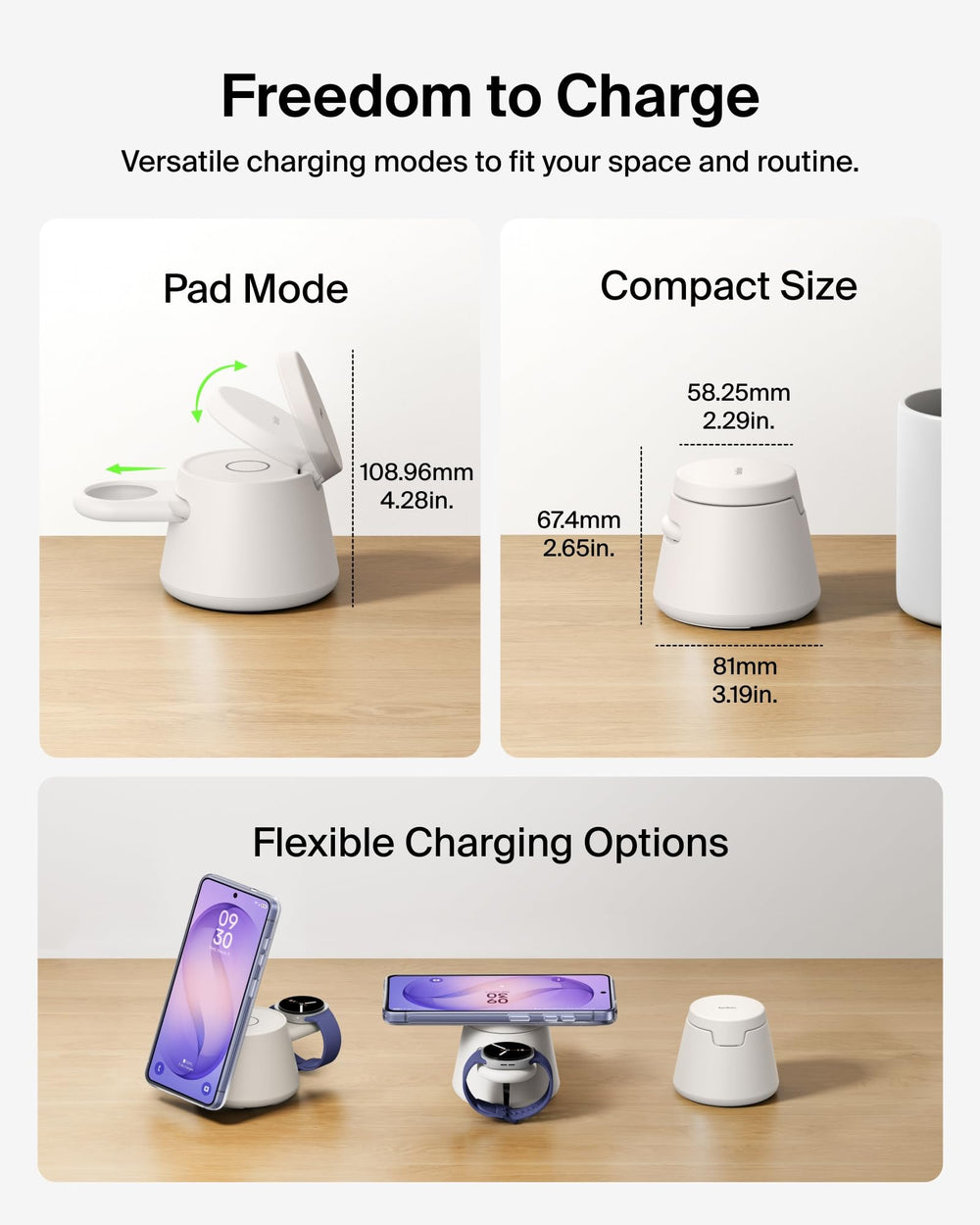 Belkin UltraCharge 3-in-1 dock compact convertible design for travel.