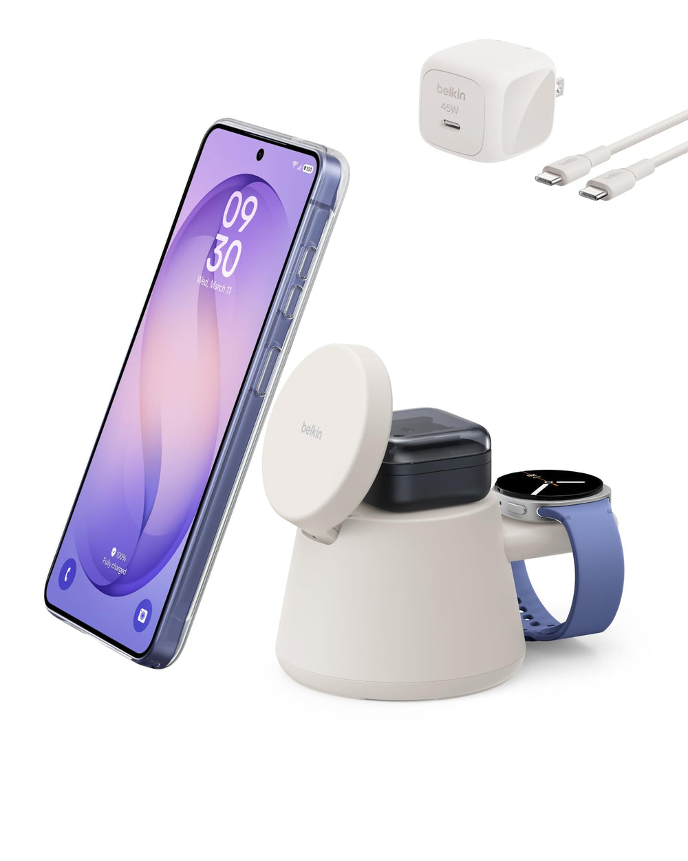Belkin UltraCharge 3-in-1 dock with magnetic alignment for fast charging.