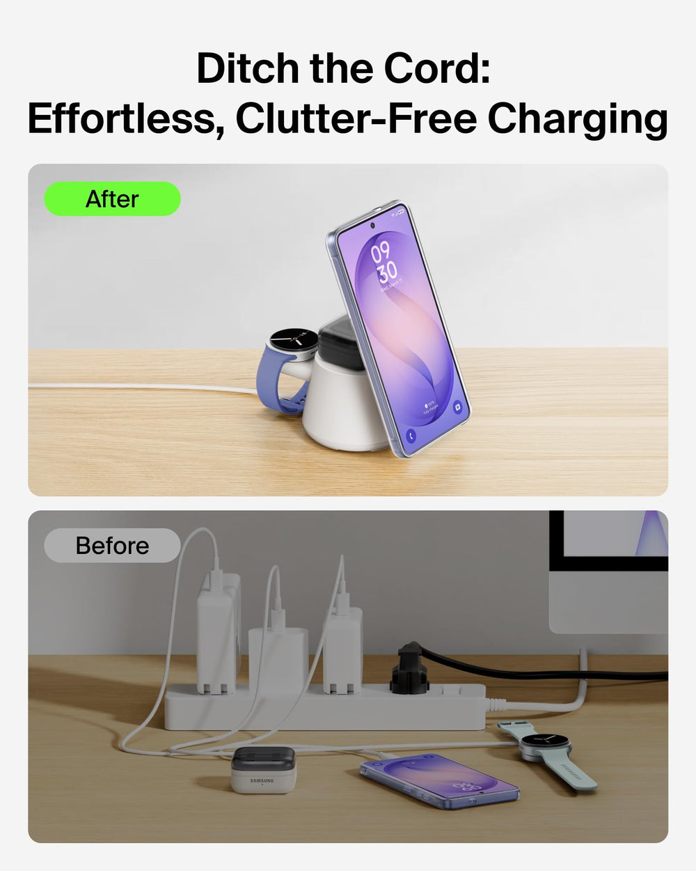 Belkin UltraCharge 3-in-1 dock eco-conscious PCR housing design.