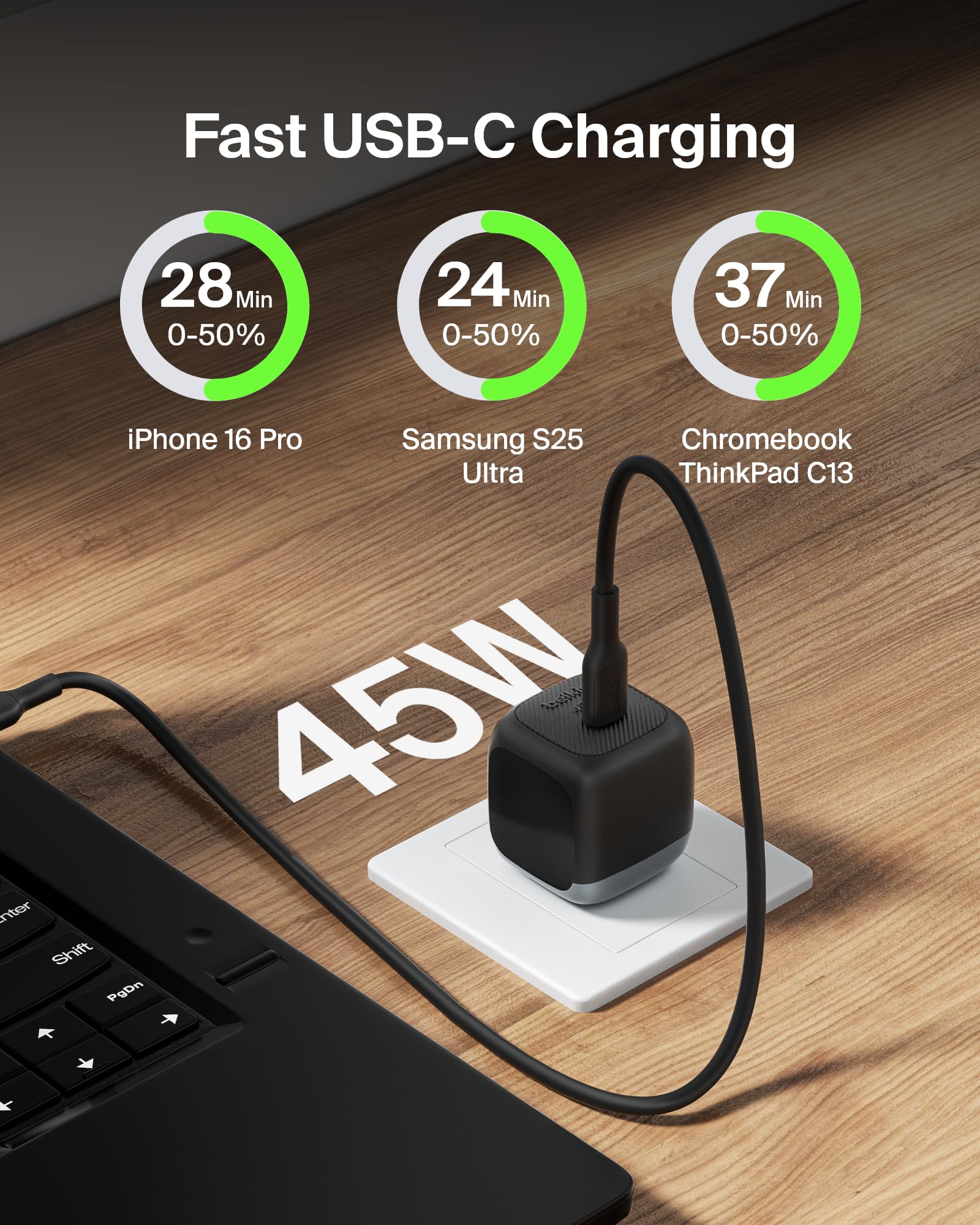 Belkin USB-C cable included for immediate charging of iPhone and other devices.