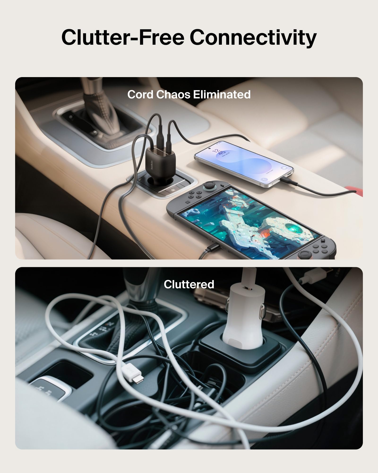 Retractable cable extended for laptop charging in the car cabin.