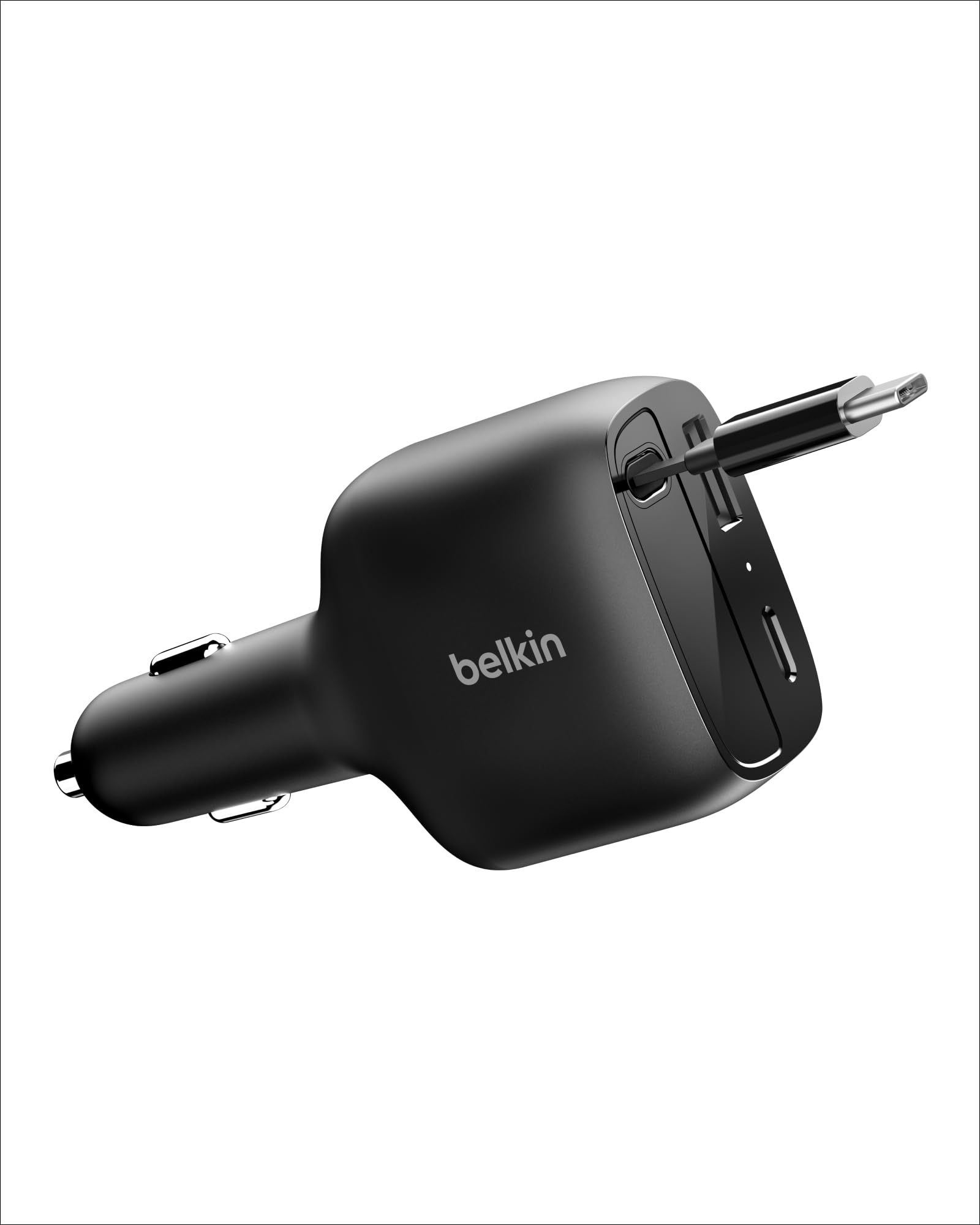 Belkin USB-C car charger with retractable cable front view shows tidy cabling for road trips.