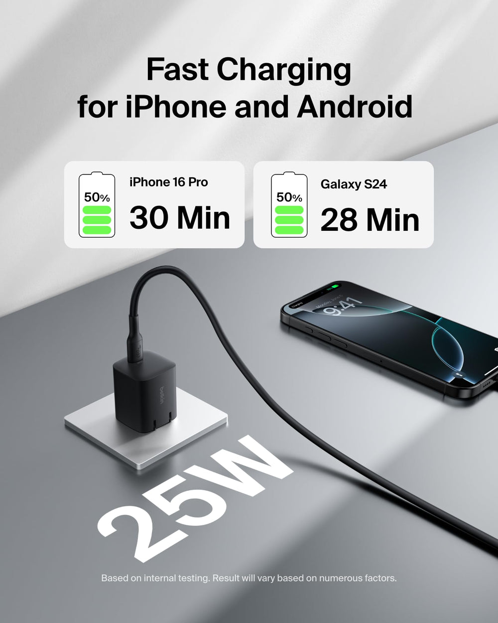 Compact travel size Belkin charger fits in bags and pockets.