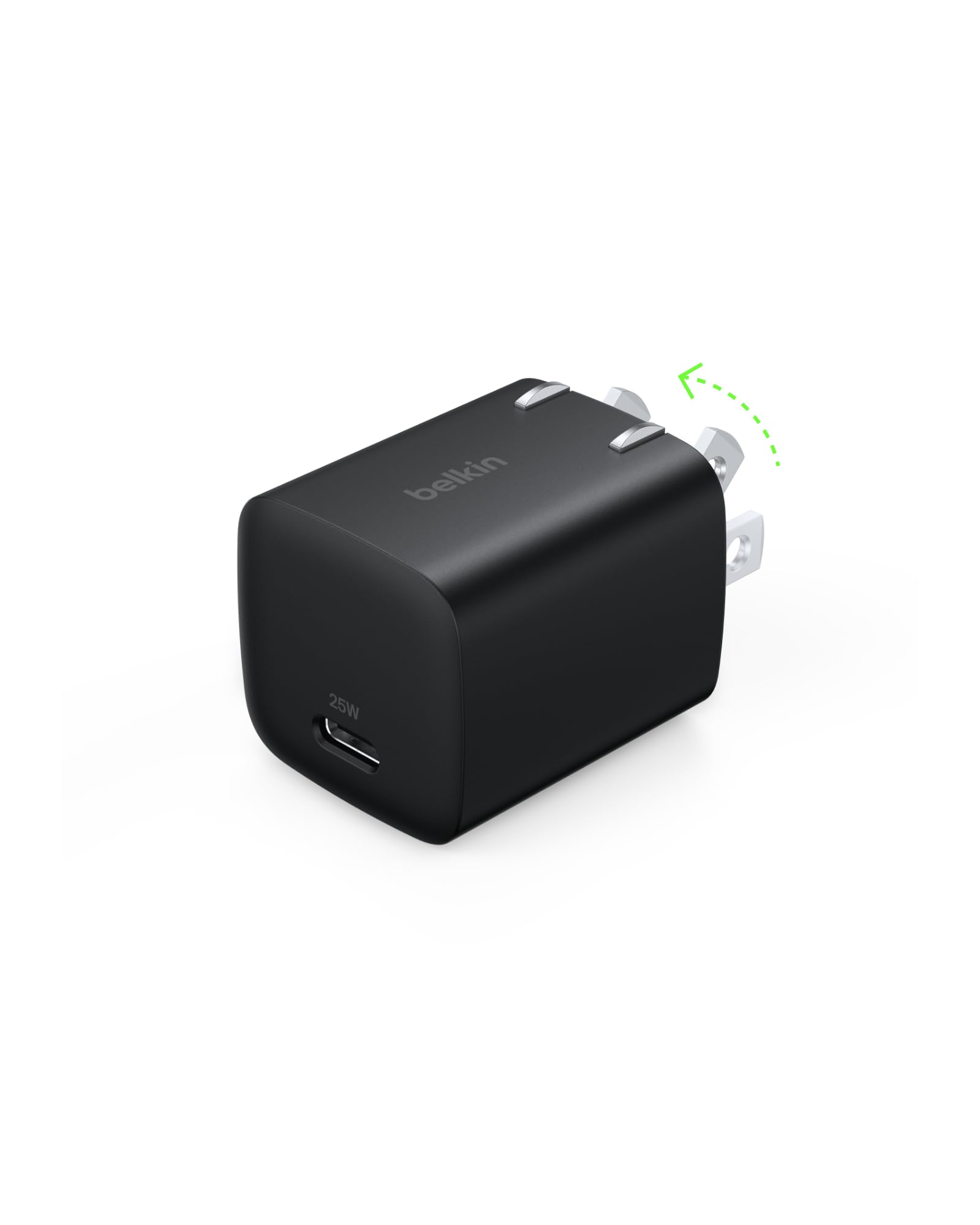 Belkin 25W USB-C charger with foldable prongs for easy travel.