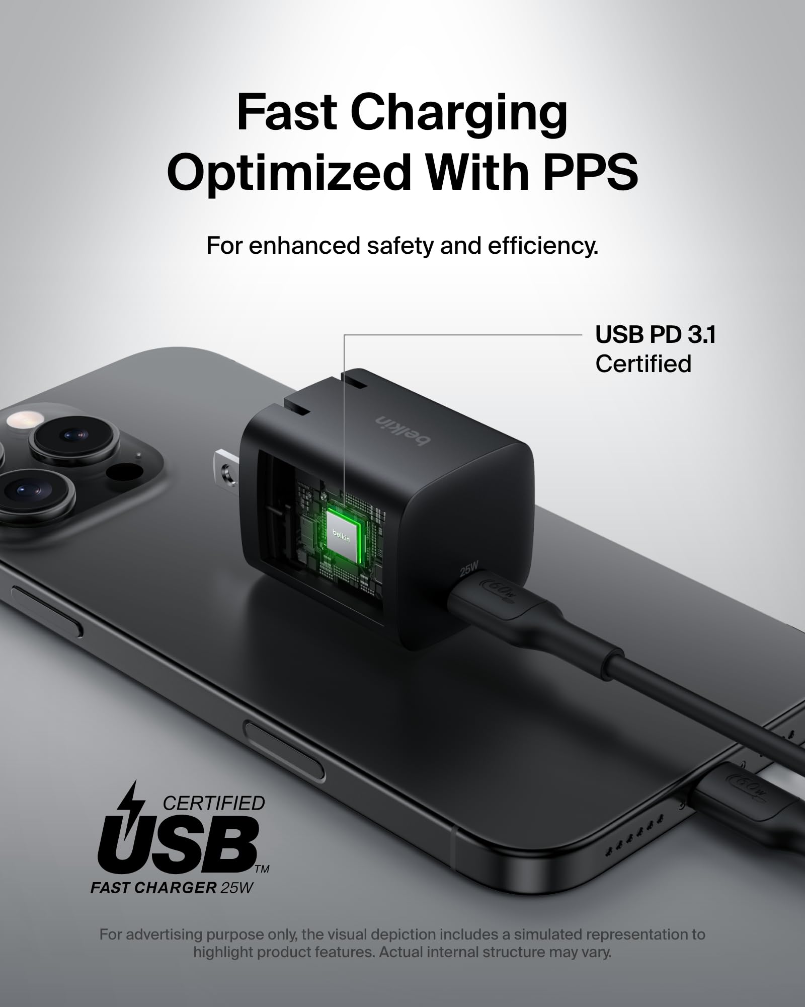 Belkin USB-C output delivering fast power to devices.