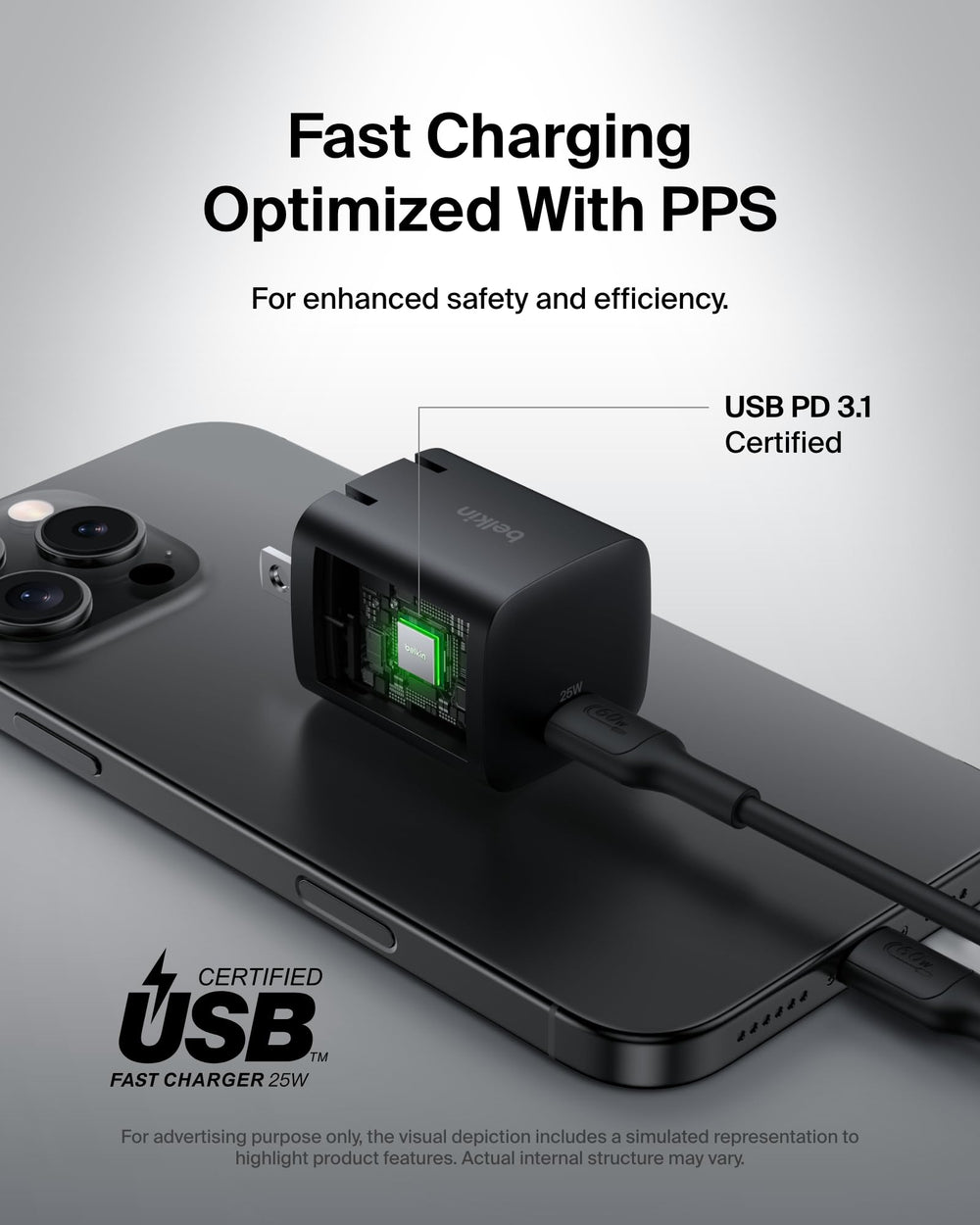 Belkin USB-C output delivering fast power to devices.