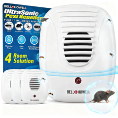 Bell and Howell 4-pack pest repellers in pack-cover layout for whole-room deterrence.