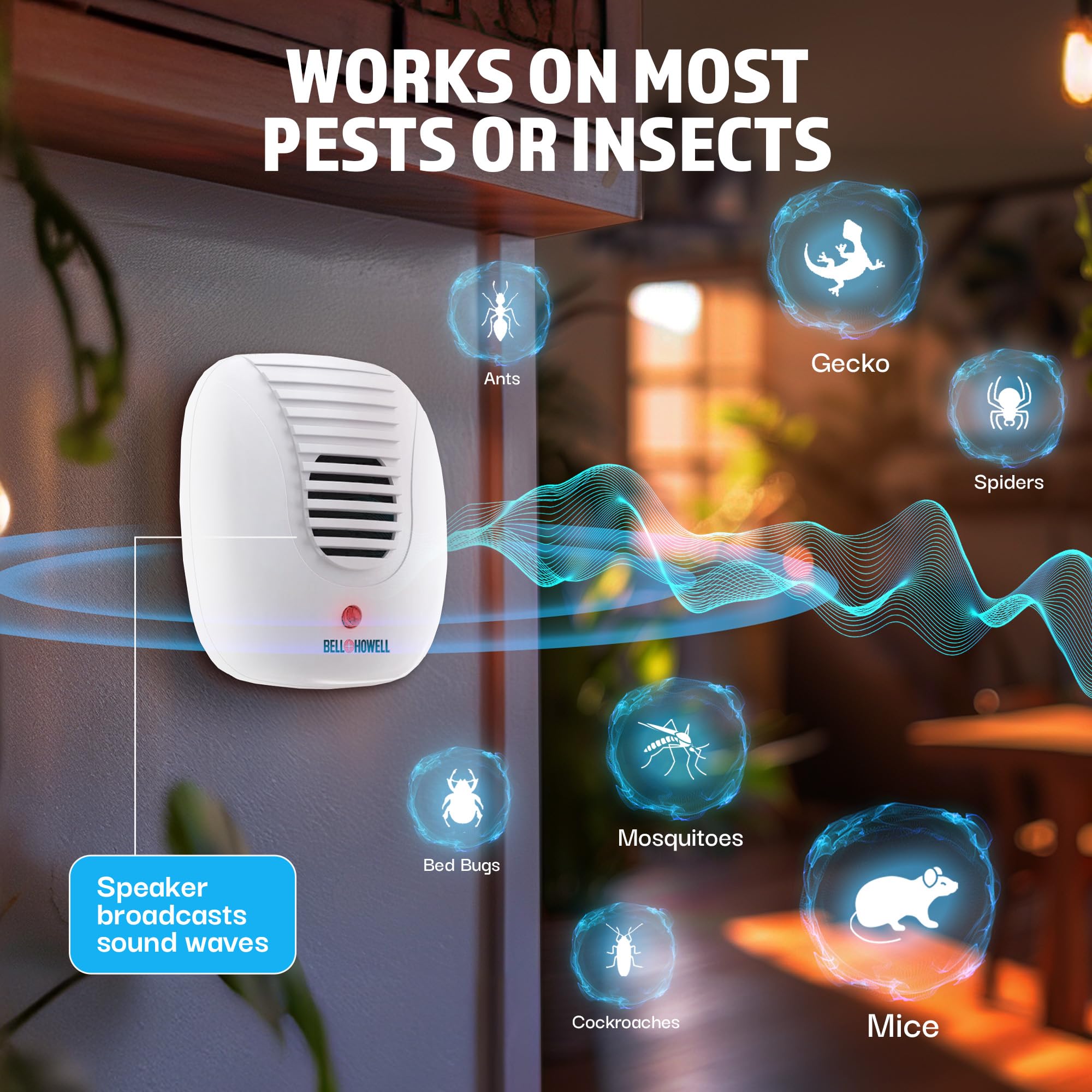 Bell and Howell repeller in a living room setup demonstrating everyday pest deterrence.