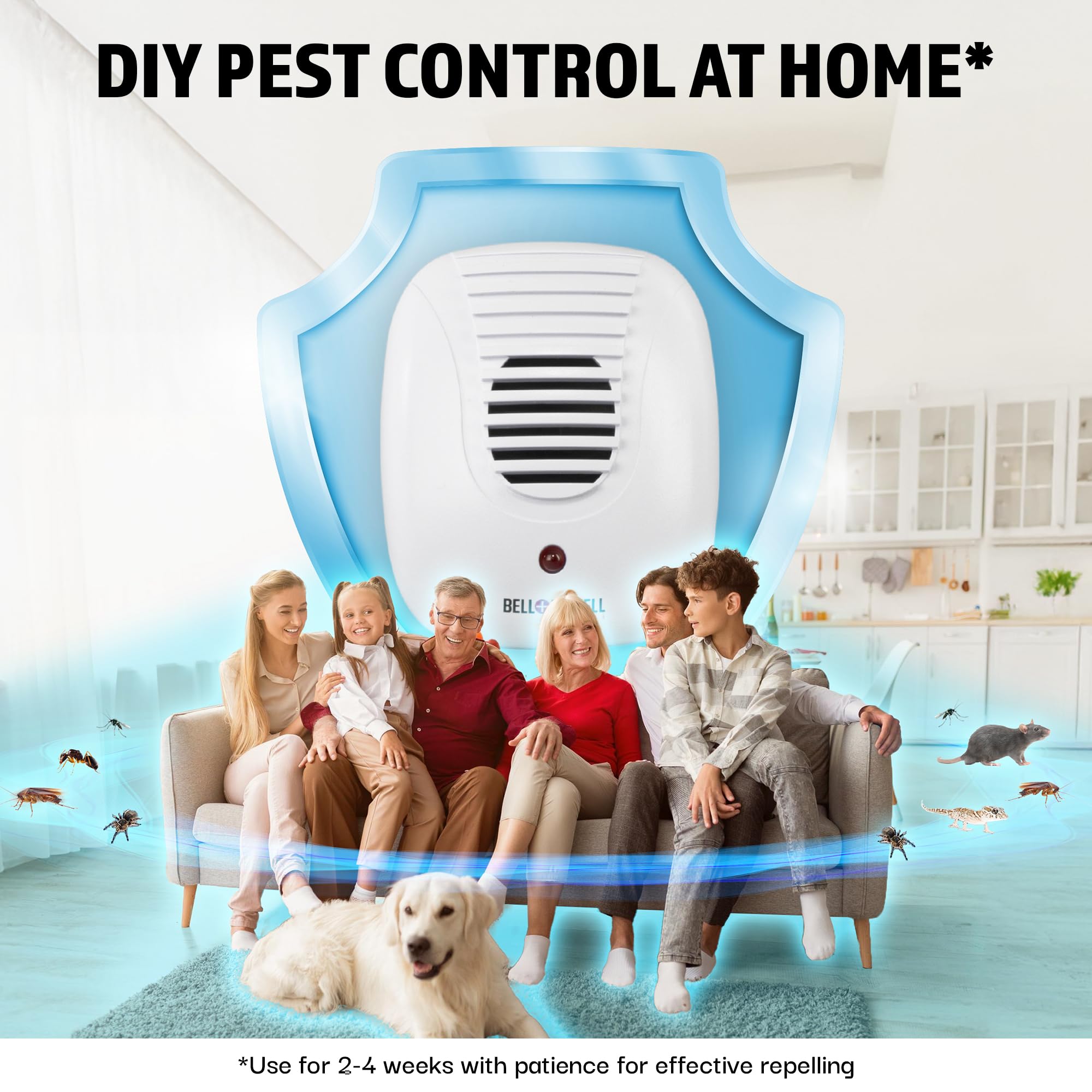 Bell and Howell ultrasonic pest repeller plugged into a standard outlet, ready to use.
