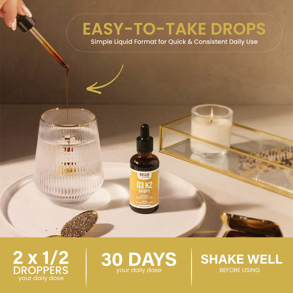 Label on Bella All Natural D3 K2 Drops showing potency and serving size