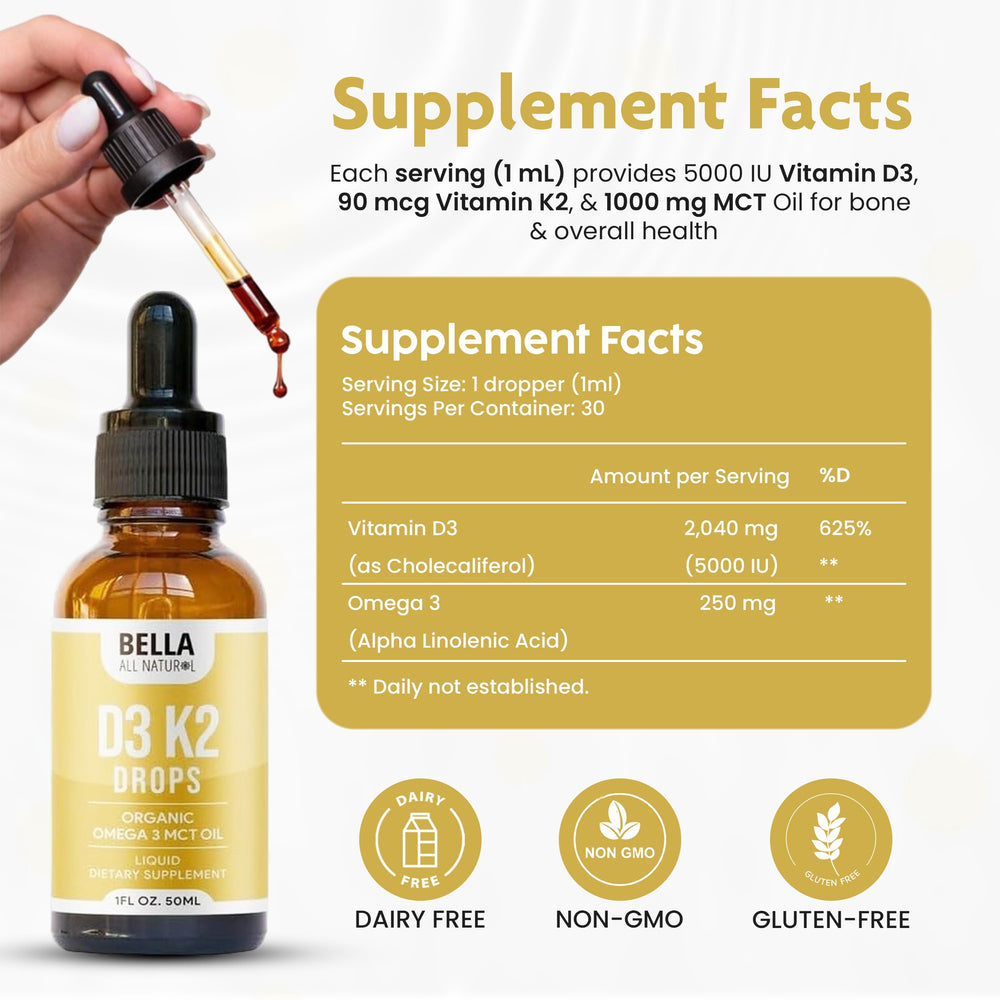 Dropper used to dispense Bella All Natural D3 K2 Drops into water