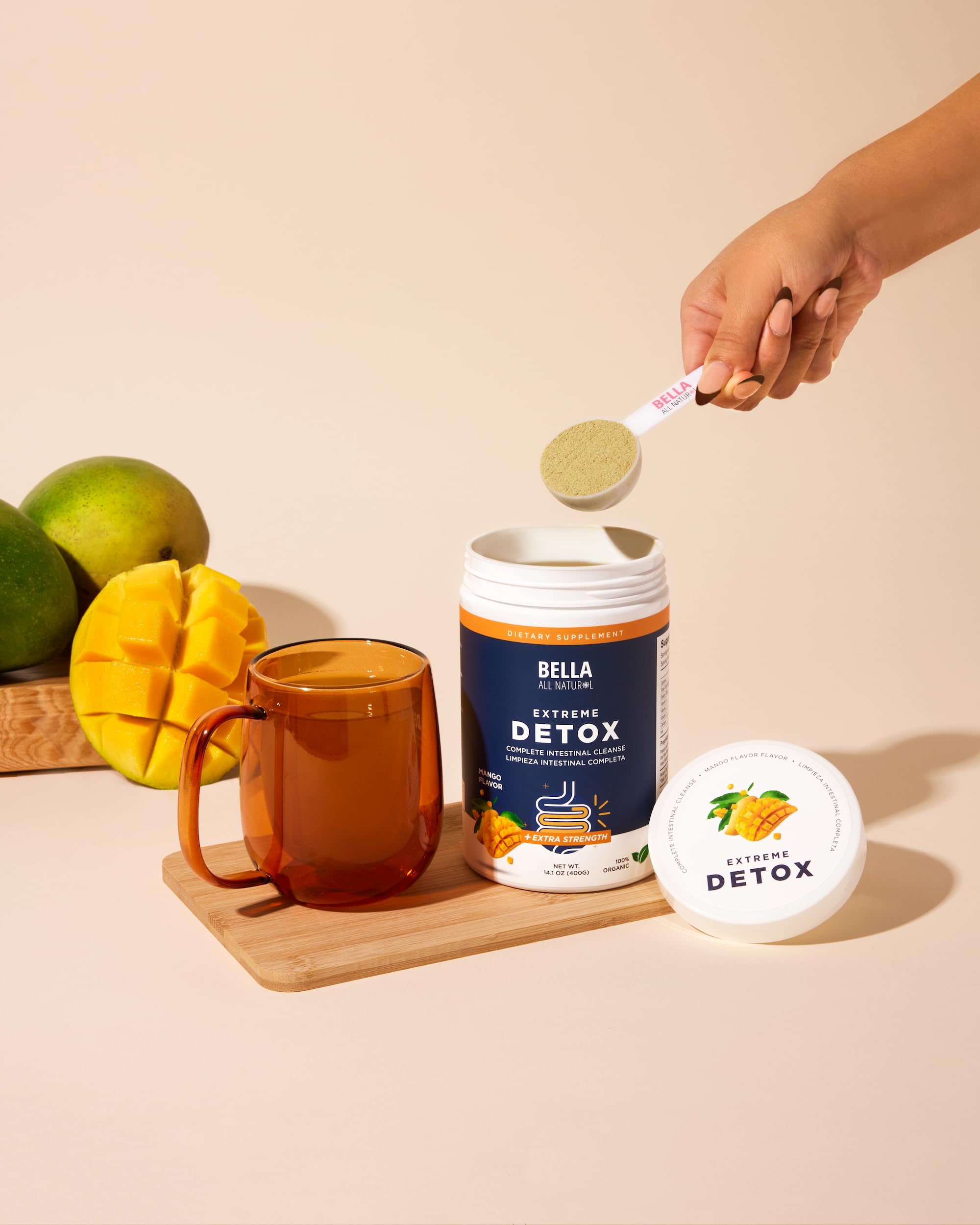 Bella All Natural Extreme Detox Mango glass ready-to-mix presentation