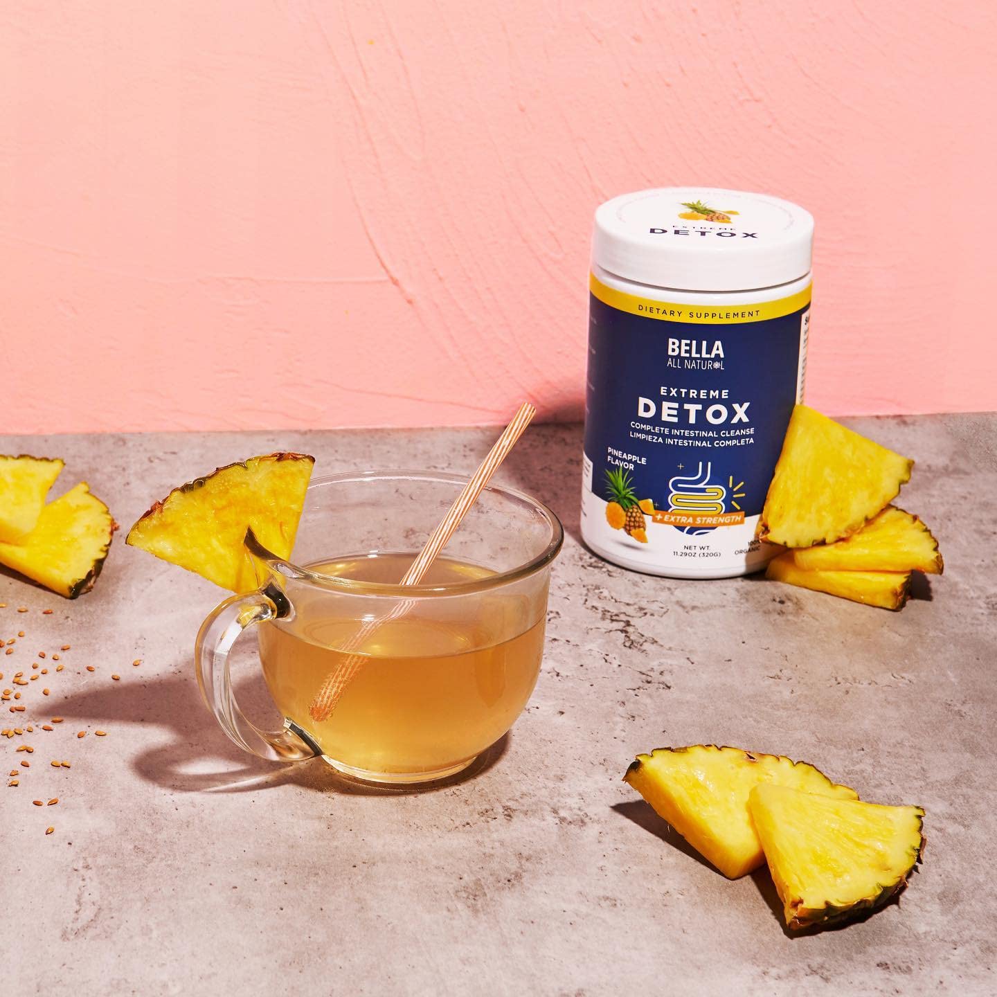 Bella All Natural Extreme Detox Pineapple morning routine setup with a glass.