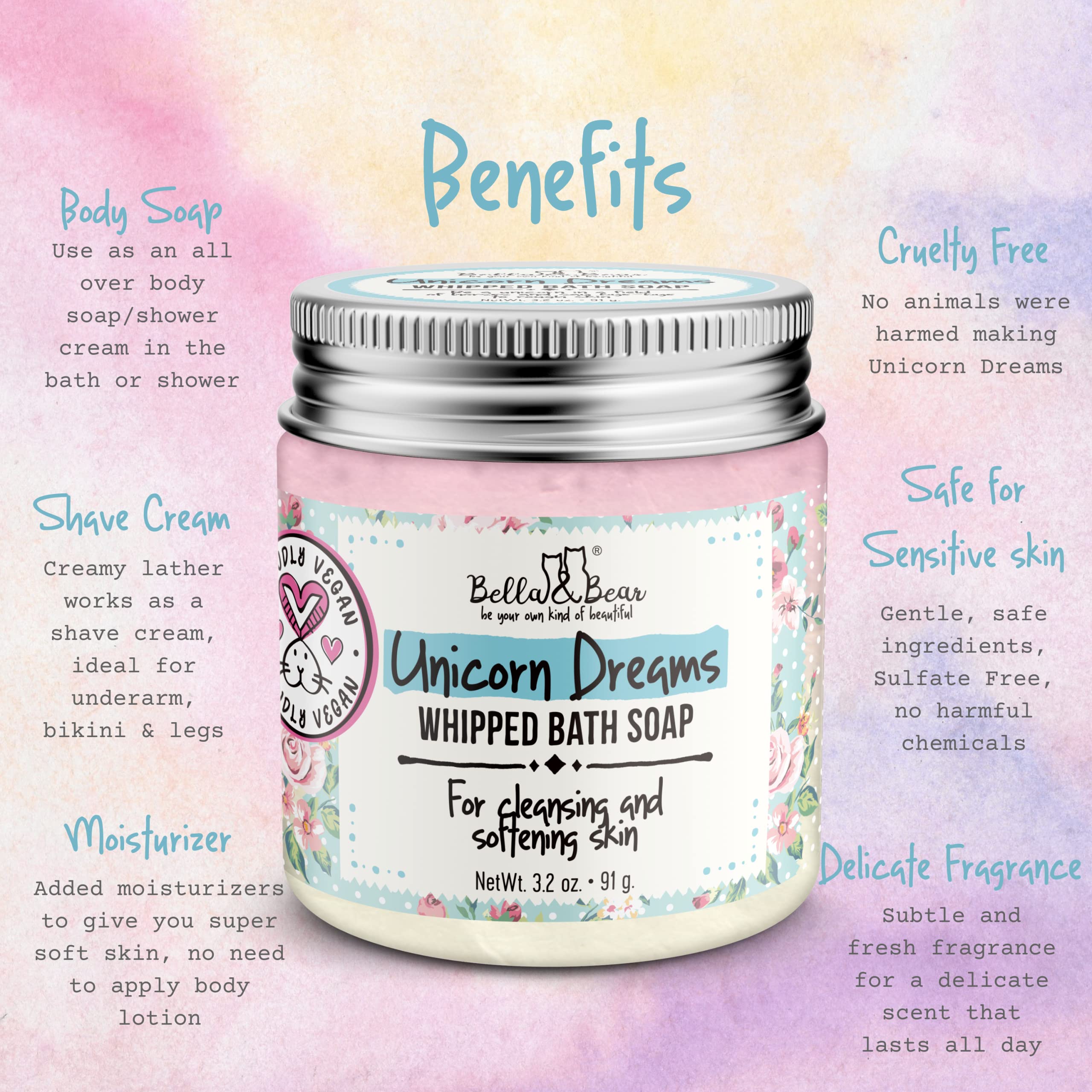 Bella & Bear Unicorn Dreams skin smoothing action depicted, gentle cleansing.