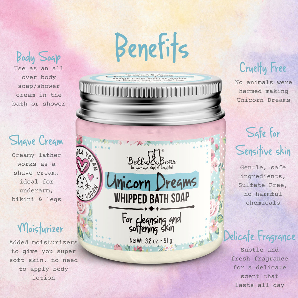 Bella & Bear Unicorn Dreams skin smoothing action depicted, gentle cleansing.