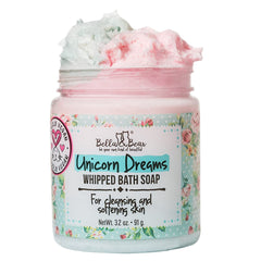 Bella & Bear Unicorn Dreams travel-size whipped soap, compact for on-the-go pampering.