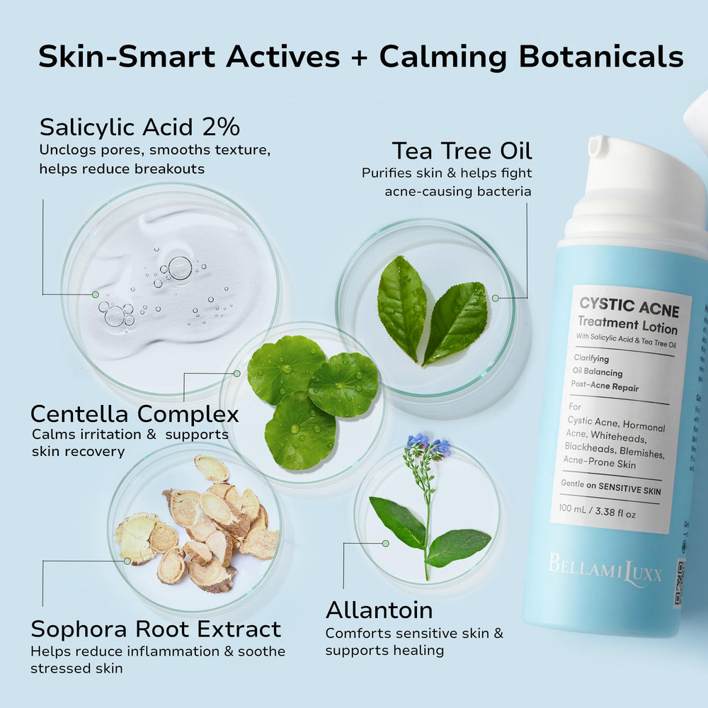 BellamiLuxx allantoin and centella visuals emphasize calming skin recovery.