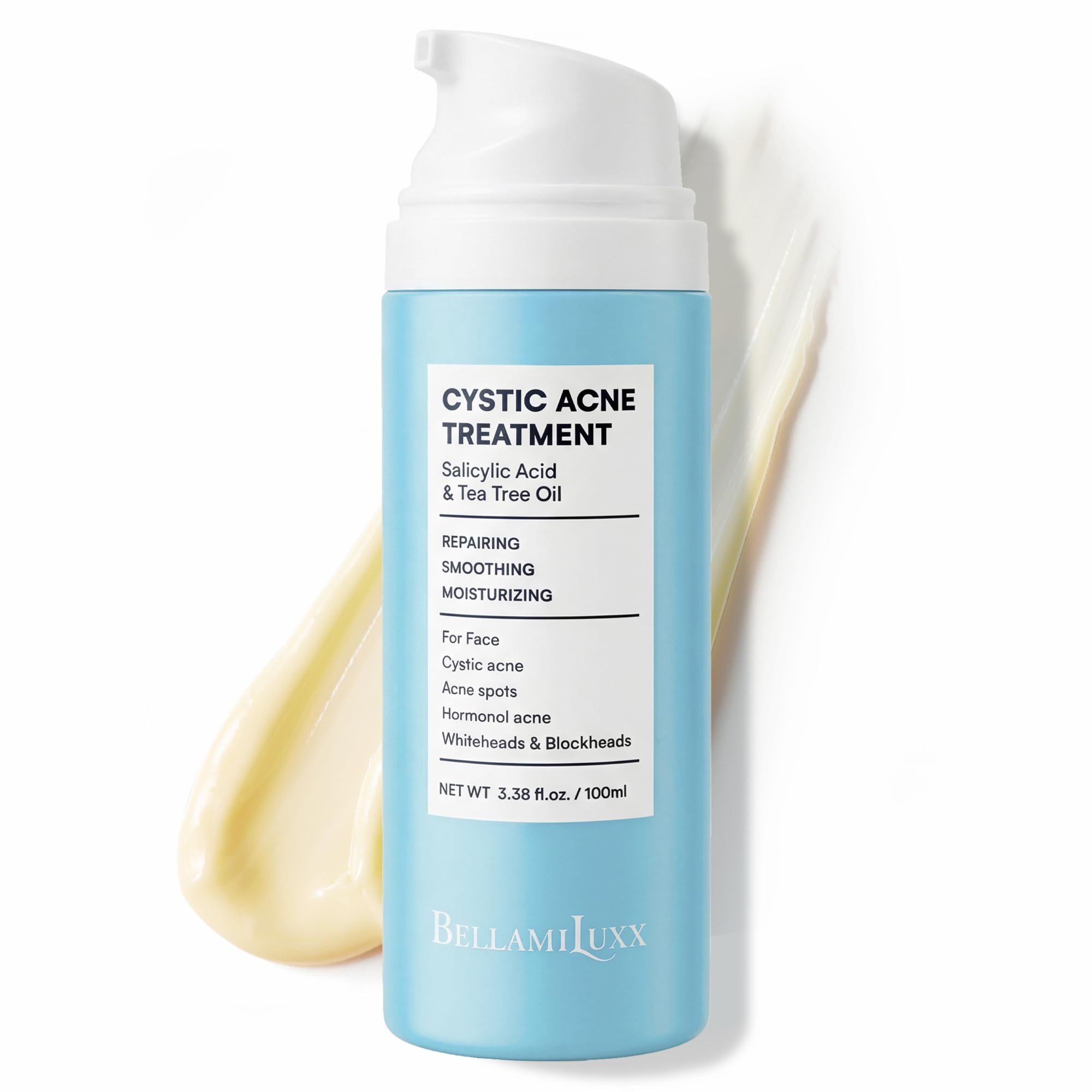 BellamiLuxx cystic acne lotion bottle demonstrates targeted care for clearer skin.
