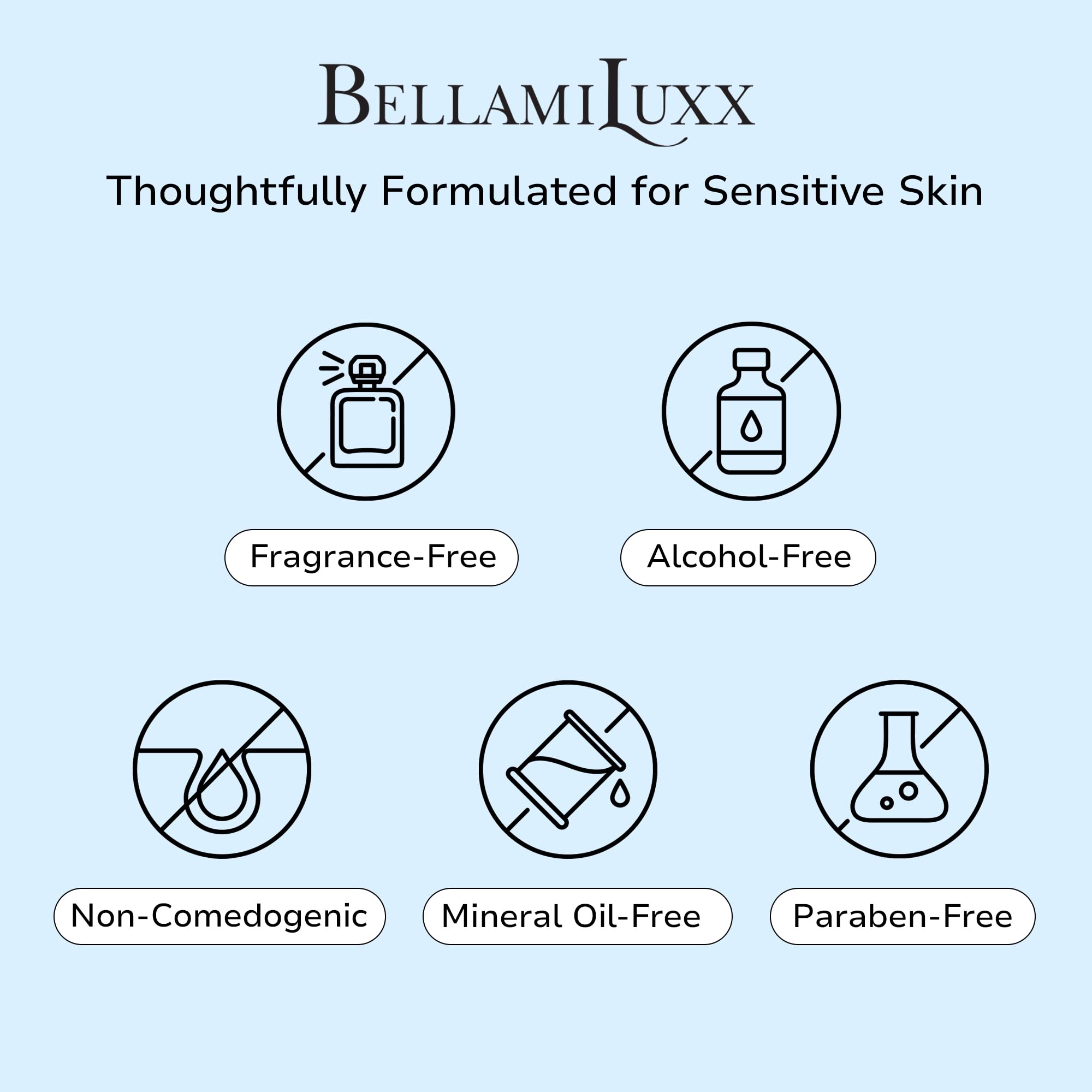 BellamiLuxx lightweight moisturizer for sensitive skin, absorbs without clogging pores.
