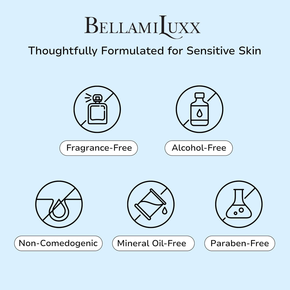 BellamiLuxx lightweight moisturizer for sensitive skin, absorbs without clogging pores.