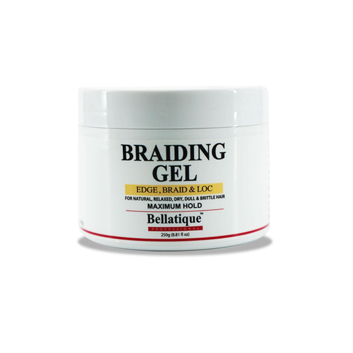 Bellatique edge-braid-loc maximum hold gel in jar for strong edge control.