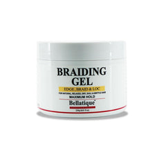 Bellatique edge-braid-loc maximum hold gel in jar for strong edge control.