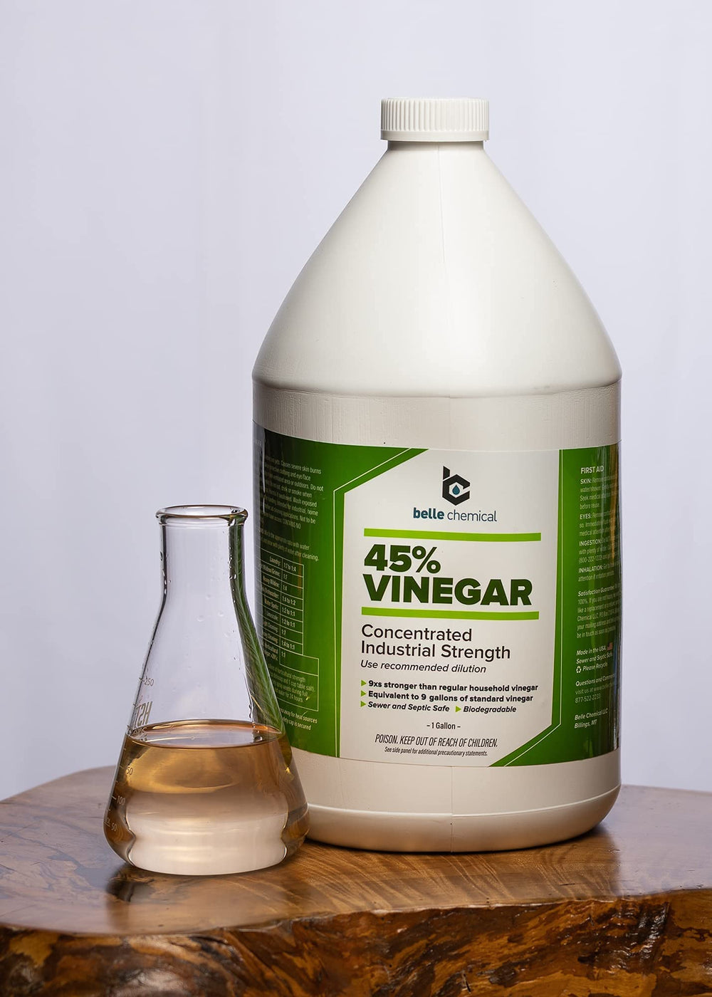Belle Chemical 45% vinegar bottle used for degreasing and surface cleaning projects.