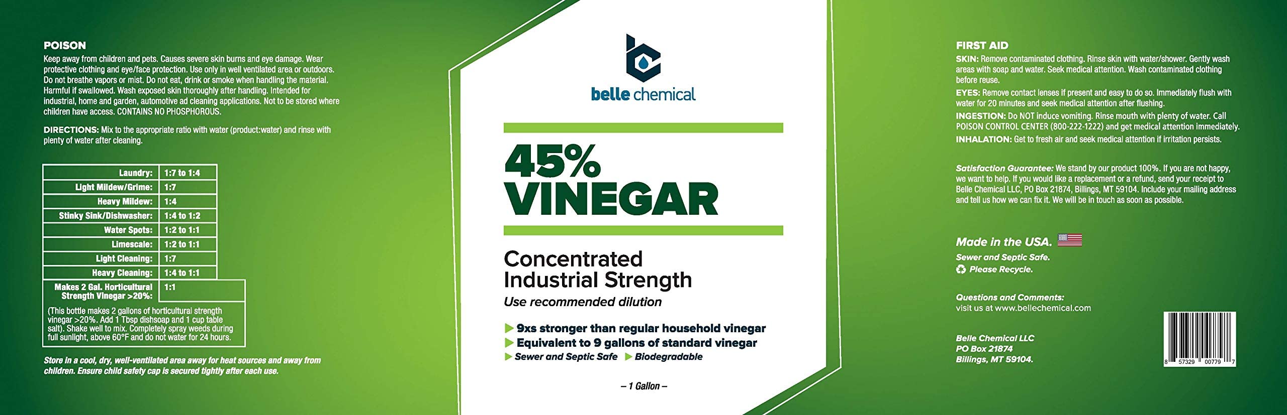 Belle Chemical 45% vinegar label and USA-made packaging emphasize local sourcing and quality.