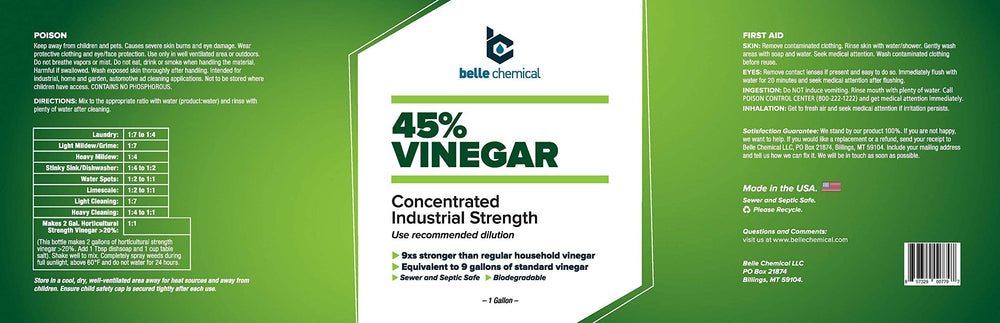 Belle Chemical 45% vinegar label and USA-made packaging emphasize local sourcing and quality.