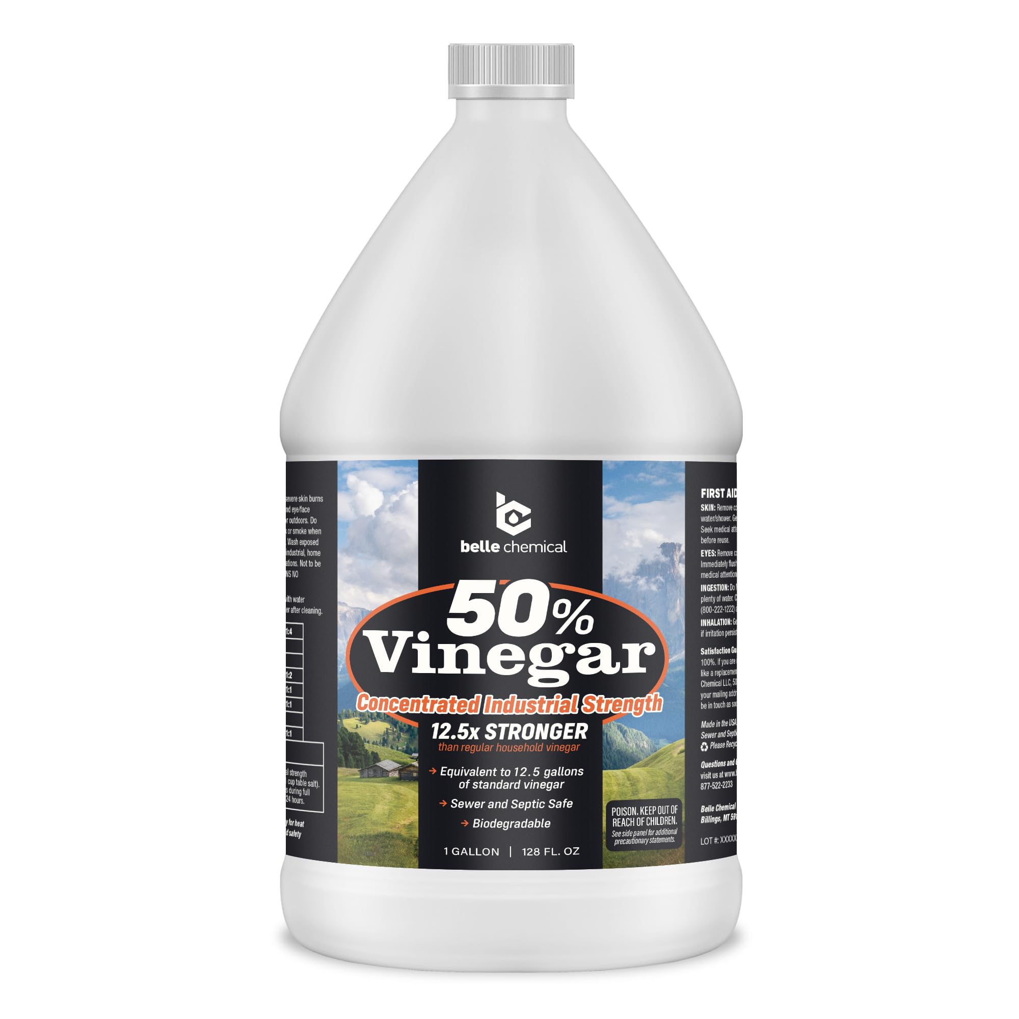 Belle Chemical 50% concentrated vinegar bottle demonstrates powerful cleaning capability for tough stains.