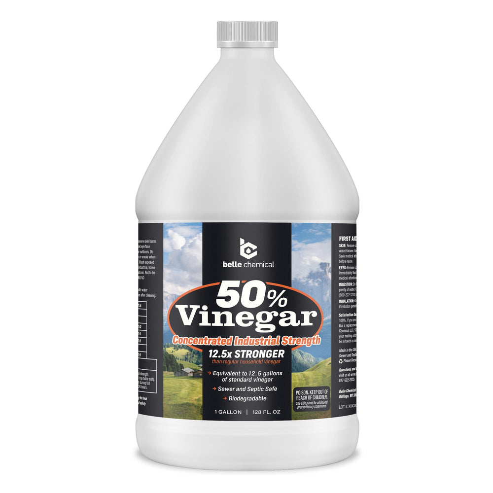 Belle Chemical 50% concentrated vinegar bottle demonstrates powerful cleaning capability for tough stains.